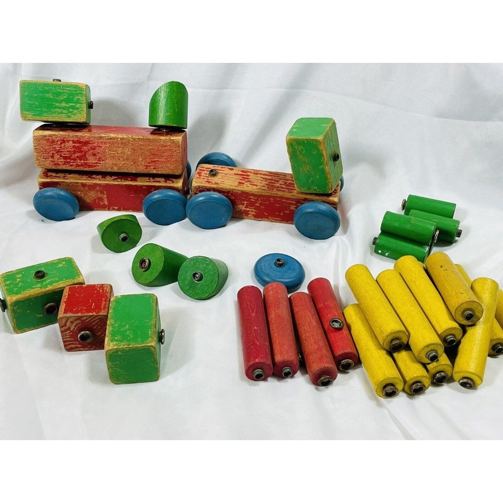 Snap N Play Vintage Wooden Building Blocks with Button Snap Lot 41 Piece Toy Lot